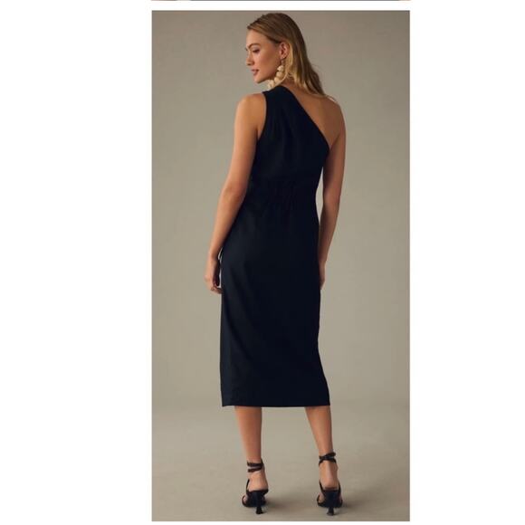 NEW ANTHROPOLOGIE Dress Size 10 NWOT One Shoulder 100% Linen Black Faux Wrap - Picture 2 of 16